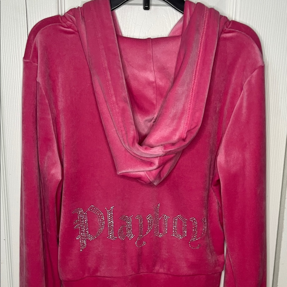 PLAYBOY Pink Velour Full Zip Hoodie Rhinestone Bunny Logo Size Small - Picture 7 of 9